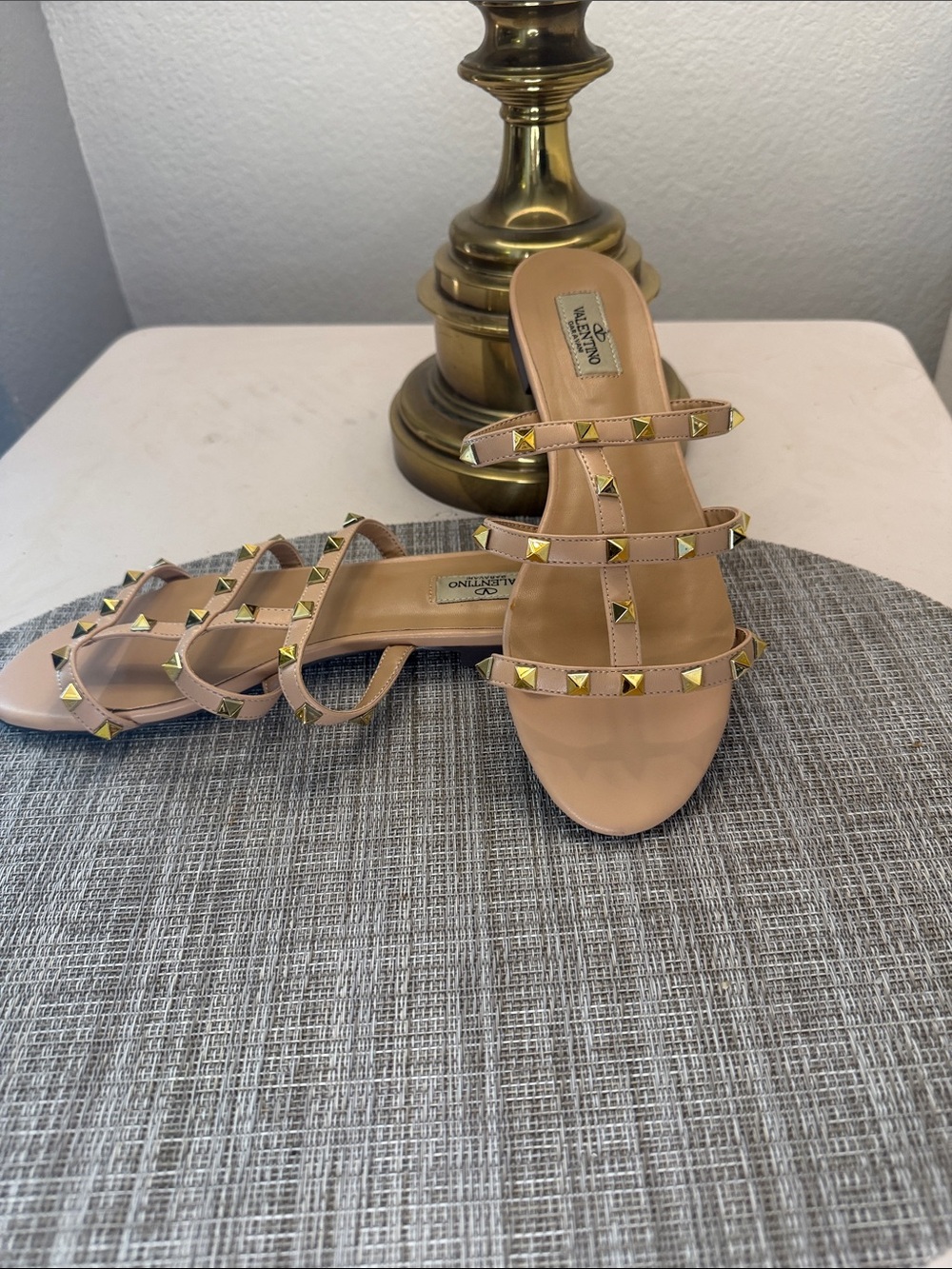 Valentino Garavani Nude Leather Rockstud Strappy Mules